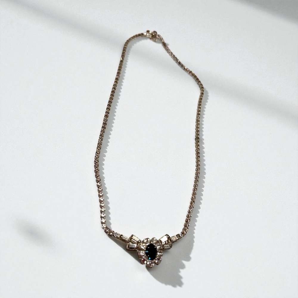 Vintage-Inspired Silver Necklace w/ Blue Stone & CZ Accents – 16” Dainty Glam